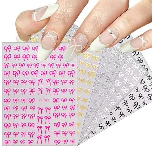 CHANGAR 5 Bögen Schleifen-Nagelaufkleber, süße Schleife, selbstklebende Nagelkunst-Abziehbilder, Bandlinie, Knoten, Schmetterlingsknoten-Aufkleber für Nageldesigns, Fliege, Nagelkunst-Dekorationen