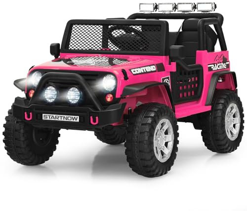 COSTWAY 12V Kids Electric Ride on Truck, Battery Powered Off-road Car with Remote Control, LED Lights, Horn, Music, 4 Spring Suspension Wheels Vehicle Toy for Children (Pink)
