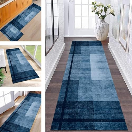 ZESEWU Abstrakte Läufer Flur Küche Waschbar rutschfest Korridor Teppichmatten 60X120CM Blau Lang Küchenteppich Flurteppich Läufer Schlafzimmer Esszimmer Polyester Teppichläufer Meterware Anpassbar