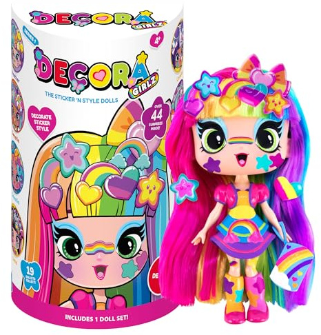 John Adams Decora Girlz | Muñeca de Moda Decora Sticker 'n' Style de 5 Pulgadas | Decora Cuenta con 44 Accesorios Coloridos Que Incluyen Vestidos, Zapatos, Bolsos, peines, Hojas de calcomanías |