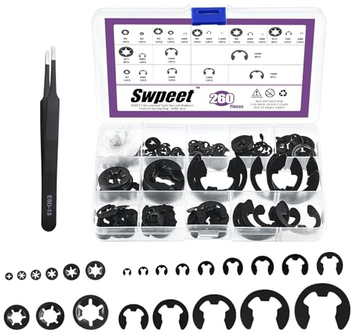 Swpeet 260 dischi di sicurezza in acciaio al carbonio e acciaio al manganese e dentata interna con assortimento di pinzette, molla push on dadi di sicurezza, clip a scatto