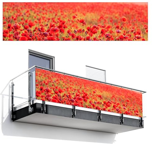 MuchoWow© Balkon Sichtschutz Einseitig 75x300 cm Groß PVC Kunststoff Garten Windschutz ohne Bohren Wetterfest Sichtschutzzaun Terrasse Balkonverkleidung Deko Mohnblumen - Blumenfeld - Natur