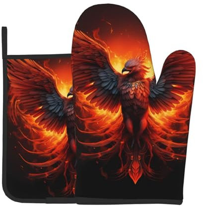 YYHWHJDE Set di 2 guanti da forno e presine con immagine di fenice arancione e rosso, utilizzati per aprire i coperchi delle pentole in cucina e per trasportare piatti dal forno a microonde