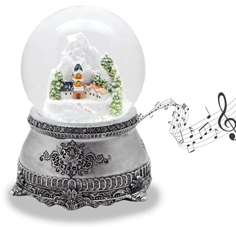 Schneekugel Spieluhr Weihnachten | Bergdorf Zinn | B: 10cm H: 14 cm | 20255 | Winterlandschaft verschneite Berge | Schüttelkugel Weihnachtsdekoration | mit Musik