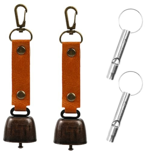 EIHI Lot de 2 Cloches d'ours bruyantes avec sifflets et Porte-clés en Cuir synthétique, Cloches d'ours pour la randonnée et la randonnée, sifflets de Vache, Cloches pour Chien