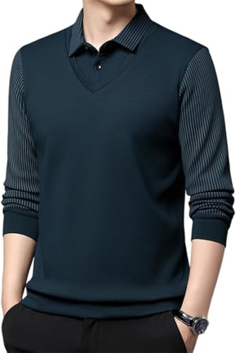Chemise à manches longues pour homme avec revers rayé et revers en tricot 2 pièces, Cyan B, XL