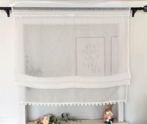 Vordesack Leinenoptik Raffrollo mit Floral-Kante Unifarbige Raffgardine mit Stangendurchzug Landhausstil Wohnzimmer halbtransparent Gardinenschal Küche Raffgardine 1 Stück Weiß HxB 140x120cm
