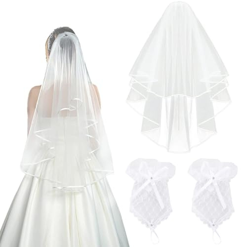 UEIOAVL Voiles Femme, Ensemble de 2 voiles de mariée et gants courts en dentelle voile solide avec peigne, gants courts sans doigts pour filles et femmes fête de mariage bal de fin d'année (blanc)