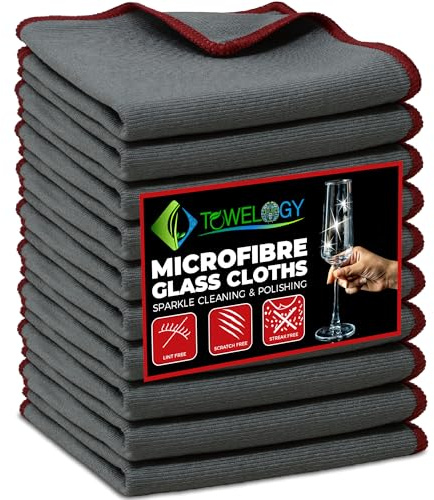 Towelogy Premium Microfibre Glass Polishing Cloths Large Streak Free, Lint Free Shine and Clarity for Glassware, Wine Glasses, Stemware (10, Grey)