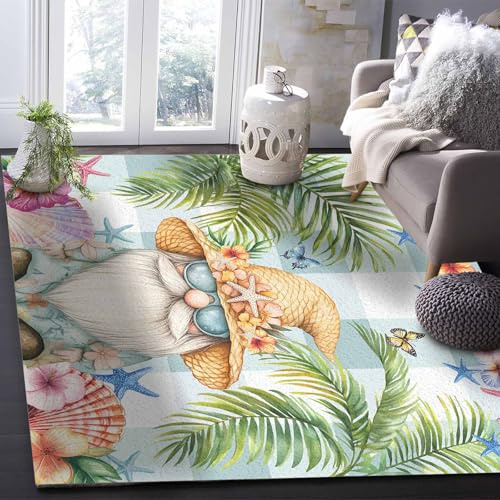 Washable Area Rugs Tropical Dwarf Palm Tree Living Room Rug with Non Slip TPR Backing Large Soft Carpet for Bedroom Office Dining Room Home Decor Gnomes Sea Star on Green Plaid 3'x5'