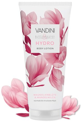 VANDINI Hydro, lozione per il corpo da donna, 200 ml, con fiori di magnolia e latte di mandorle, lozione nutriente per pelli normali e secche, vegana, senza parabeni e siliconi, Made in Germany
