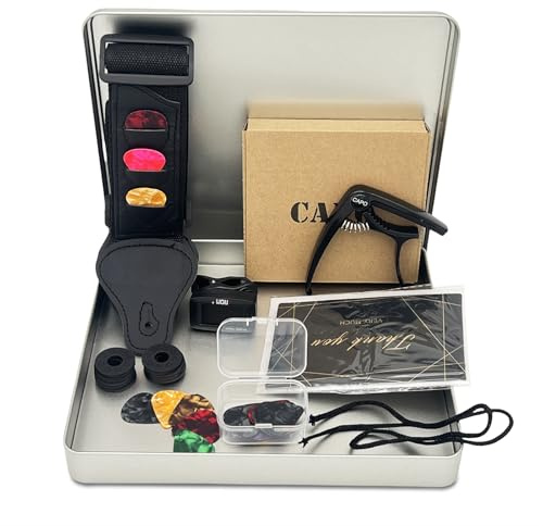 VINPAM Gitarren-Zubehör-Set – Premium-Metalldosen-Geschenkset für Gitarristen, inklusive Gitarrengurt, Clip-On-Stimmgerät, Gurtschlösser, Kapodaster und Plektren, kompatibel mit Akustik-, Bass