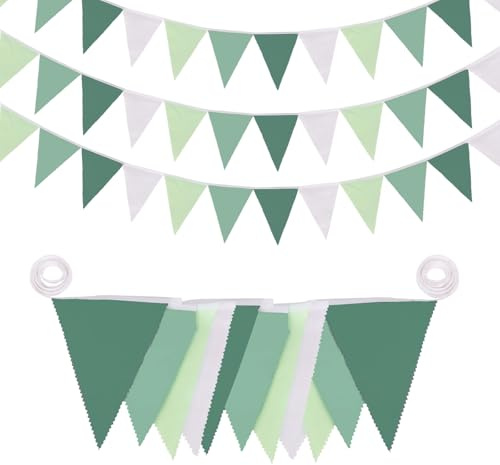 32Ft Sage Green Bunting Banner Party Decorations, Bunting Fabric Triangle Flag Green Outdoor Bunting, Pennant Garland Streamer for Summer Golf Jungle Birthday Wedding Hanging Bunting Decor