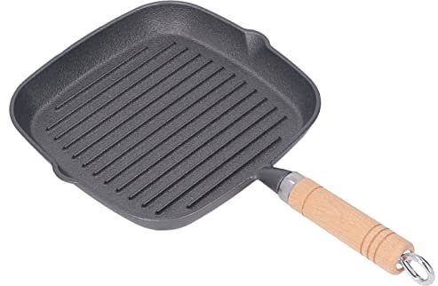 Oreilet Padella Ghisa in Ghisa Quadrata, Bistecca Pre -stagionata, Facile Scarico di Grasso, Manici a Anello di Grandi Dimensioni, Piatti, Padelle, Piastra, Base in Legno, Ideale per Grigliare