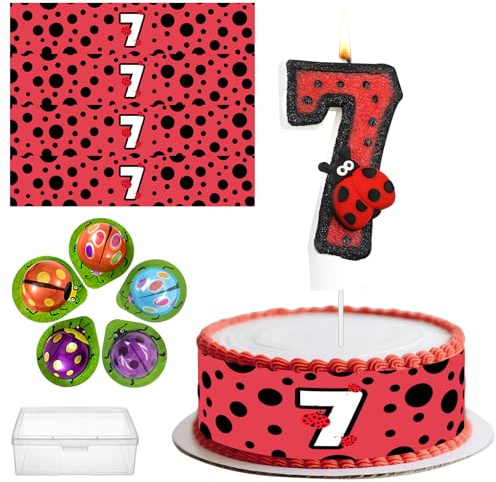 4 Stück Tortenband Marienkäfer Essbar 24cm x 5cm Marienkäfer Nummer 7 Geburtstag Kuchenkerze,5 Stück Schokolade,Dekoration für Torten und Kuchen,Geburtstagsdeko für 7. Geburtstag Decorations (Rot-7S)