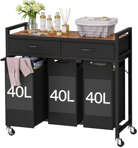 Laundry Sorter 3 Section, 120 L Laundry Hamper with 2 Drawers & 2-tone Top Panel, Rolling Laundry Basket Organizer with Pull-Out Removable Oxford Fabric Bags for Laundry Room Organization UNZYL006BVV3