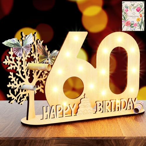Originelle 60 Geburtstag Geschenk Mädchen & Jungen-geschenk zum 60 | 60 Geburtstag Deko mit LED Lichterkette Holz-Schild HAPPY BIRTHDAY Ständer & Gästebuch-Personalisierbares Geschenk