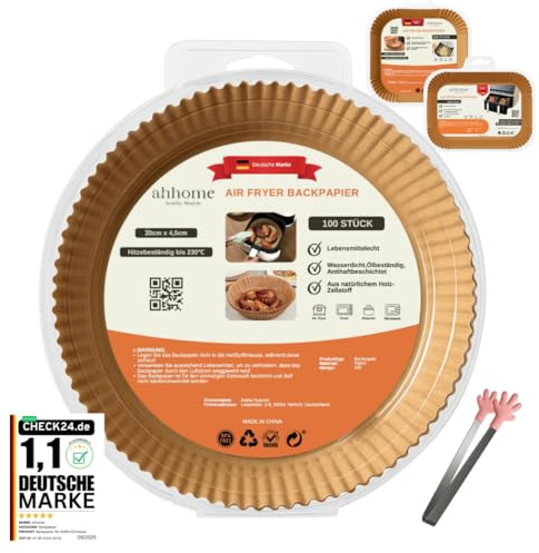 Backpapier für Heißluftfritteuse rund Ø 20–24 cm – ahhome Airfryer Backpapier, 100 Stück mit Zange, antihaft & BPA-frei, hitzebeständig bis 230 °C, lebensmittelecht – Einlegepapier Zubehör