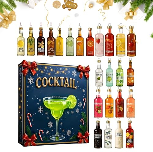 Cocktail Advent, 24 Day Holiday Calendar with Mini Drink Accessories Fun Alcohol Gift Idea for Adults Includes Recipe Cards and Garnish Picks Countdown to Christmas Celebration Bar Cart Display Box