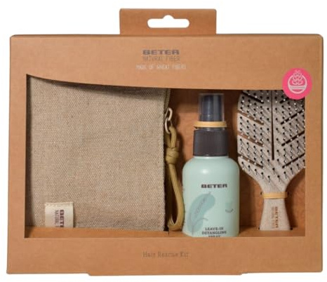 Beter - Set 3 Piezas Hair Rescue Natural Fiber (Cepillo Desenredante MINI+ Spray Desenredante Sin Aclarado+Neceser) Cabello Suave, Hidratado y Brillante, Aroma melocotón, Pack Regalo Cuidado Cabello