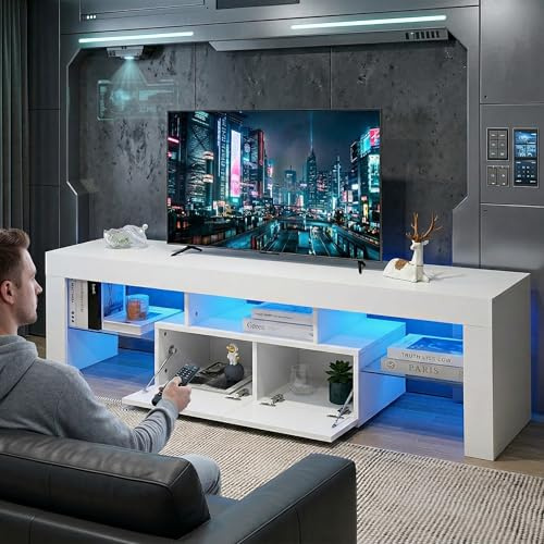 Oyajia LED TV-Konsole wandmontiert mit Beleuchtung LED TV-Ständer mit Aufbewahrung, Regal für Wohnzimmer Farben RGB Fernsehschrank für Wohnzimmer Schlafzimmer, Zoll Fernseher, Weiß, 160 x 36 x 45 cm