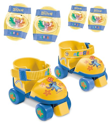 Mondo Toys - pattini a rotelle regolabili Stitch Disney per bambini - Taglia dal 22 al 29 - set completo di borsa trasparente, gomitiere e ginocchiere - 28832