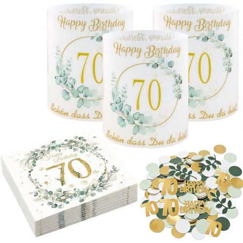 20 Stück Servietten 70 Geburtstag, 12 Windlicht Tischdeko, 100 Konfetti, Deko 70 Geburtstag Frau Mann, Grüne Eukalyptus Tischdeko Set 70 Jahre