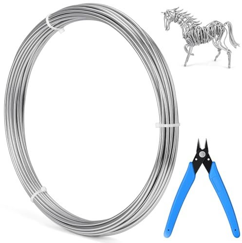 vsshe Aluminum Craft Wire 12 Gauge, 2mm Thick 98 Feet, with Pliers, Bendable Metal Wire for Sculpting, Soft and Strong, Bike Modelling Skeleton Crafting Floral Making, Jewelry Making, Weaving