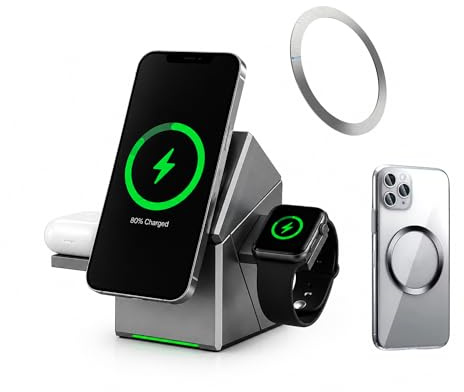 Chargeur sans Fil 3 en 1, 15W, Compatible Smartphones Android et Apple, Montres Connectées et Écouteurs sans Fil – Station de Charge Rapide Pliable et Compacte pour Bureau, Maison et Voyage