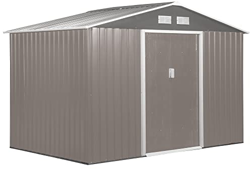 Outsunny Gerätehaus mit Fundament Geräteschuppen Gartenhaus Garten Schuppen Metall Grau 277 x 195 x 192 cm