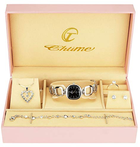 Cofanetto ologio Donna Nero - Parure di gioielli- Collana-Anello- Orecchini - Cinturino
