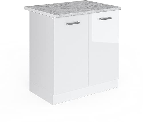 Vicco Spülenunterschrank R-Line, Weiß Hochglanz, 80 cm | 2 Türen · AP Marmor inkl. · Höhenverstellbare Füße · Großer Innenraum ✓ · ✓ Frei kombinierbar