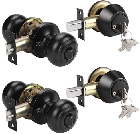KNOBWELL 2 Pack All Keyed Same Entry Door Knob and Double Cylinder Deadbolt Combo Set, Black Exterior Door Knobs with Lock and Key for Entrance and Front Door, Keyed Alike Deadbolt and Door Knob Set