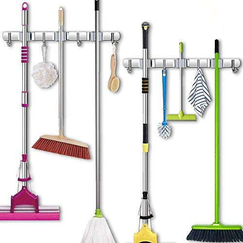 YOUTHINK 2 Stück Besenhalterung Wand,Gerätehalter Edelstahl Besenhalter Mop Halter Wandhalterung Besen mit 4 Haken und 3 Schnellspannern für Mopp, Besen und Gartenwerkzeug