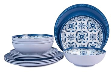 Melamine Dinnerware Set -12pcs Outdoor and Indoor Plates and Bowls Set ,Service for 4, Dishwasher Safe, Blue Flower