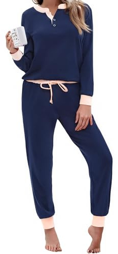 Aseniza Pyjama Femme Hiver Coton Ensembles de Pyjama Femmes Chauds Manches Longues Vêtements de Nuit Couleurs Contrastées Ensemble Pyjamas Tenue de Nuit Vêtements de Détente Loungewear Bleu Foncé M