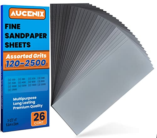 Aucenix Papel de lija de 120 a 2500 granos mixtos surtidos de papel de lija para madera, hojas de papel abrasivo impermeables finas y gruesas, para paredes, plástico metálico