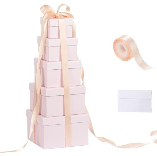 CHARMGIFTBOX 5 Stück Geschenkbox mit deckel, 10-20cm Geschenkboxen Rosa, Quadratische Geschenkbox für Geschenke, Stapelbare Boxen für Geburtstag, Hochzeit, Weihnachten