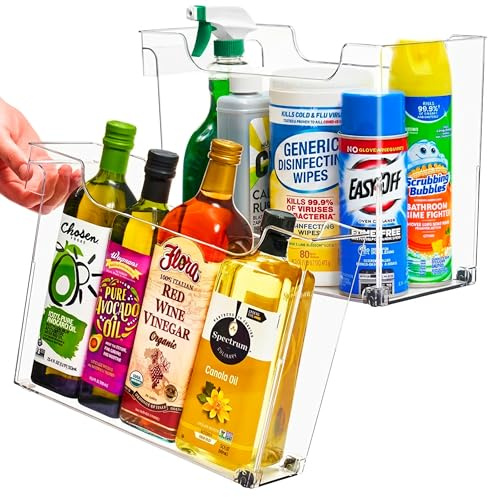 Roll Out Bottle Organization Bins - 2 Sizes Pantry Under Sink Organizer With Wheels & Handles - Clear Plastic Organizing Containers for Cleaning Supplies - Kitchen Cabinet Laundry Room Storage