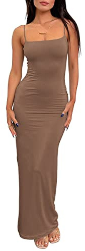 LILLUSORY Womens Bodycon Maxi Long Dresses 2026 Beach Vacation Clothes Spring Fashion Summer Casual Elegant Sundress Sun Resort Wear Midi Cocktail Wedding Guest Sexy Party Outfits Brown M