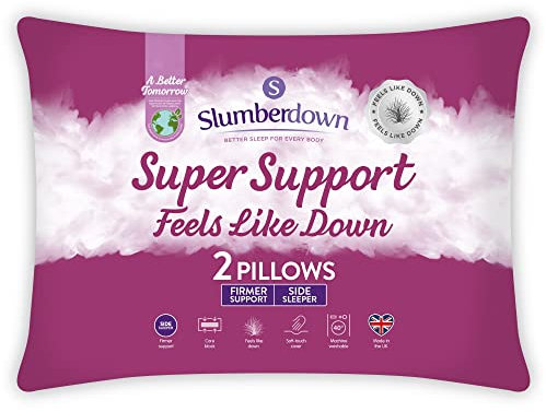 Slumberdown Feels Like Down Pillows 2 Pack - Super Support Down Alternative Pillow for Side Sleepers, Core Foam Block | UK Made, Non-Allergenic, Washable (48 x 74cm)