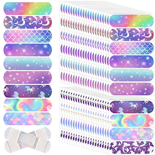 Patelai 10 Styles Kids Bandages Bulk Children's Adhesive Colorful Cute Bandages Waterproof Breathable Stickers Flexible Cartoon Protection Care Cuts for Girls Boys(Mermaid)