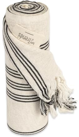 Taste of Trends Natura Turkish Peshtemal Towel - Luxury Ecofriendly 70% Raw Cotton 30% Linen Blend – Soft, Quick Dry, Absorbent - Oversize - Beach Bath Pool Gym – Ivory & Black Stripes