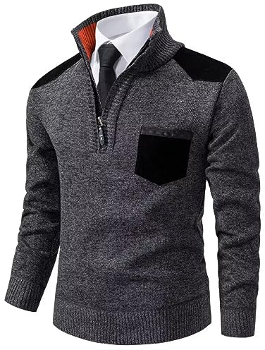 Shuanghao Uomo Maglione Pullover Troyer Moda Felpa Elegante Manica Lungaa Collo Alto con Mezza Zip/Cerniera Foderato Pile Giacca Pesante Primaverile Autunno Invernale Maglia Sweater Uomo Grigio XL