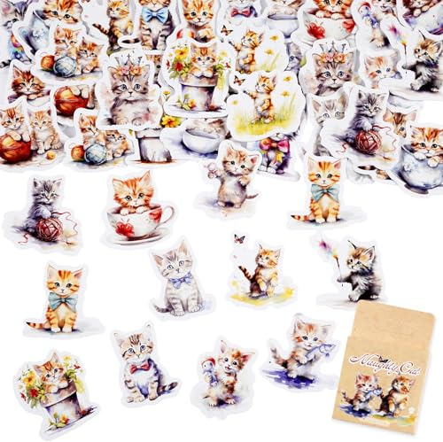 SHANFAA 46PCS Cute Cat Stickers, Kawaii Waterproof Vinyl Cats Designs, Perfect for Scrapbooking, Journaling, Notebooks