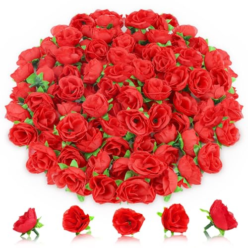 AWARDSEN 100Pcs 1.3 Inches Mini Red Roses Artificial Flowers Mini Rose Flowers for Crafts Fake Small Silk Rose Head for Wedding Bouquet DIY Party Table Centerpieces Decor