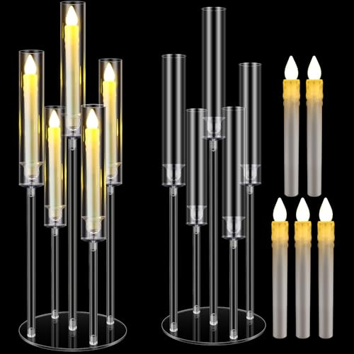 FoldTier 1 Set 5 Arm Acrylic Candelabra Holder for Wedding Table Centerpiece 27inch Tall Floor Clear Candle Centerpieces with LED Candles and Shade for Ceremony Birthday Party Valentines Home Decor