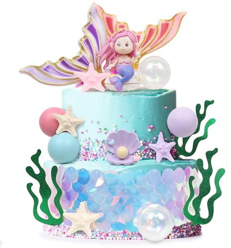 LARDUX Mermaid Cake Decorations - Under the Sea Cake Toppers with Seashell, Starfish, Seaweed, Mermaid Tail Cake Topper for Birthday Party