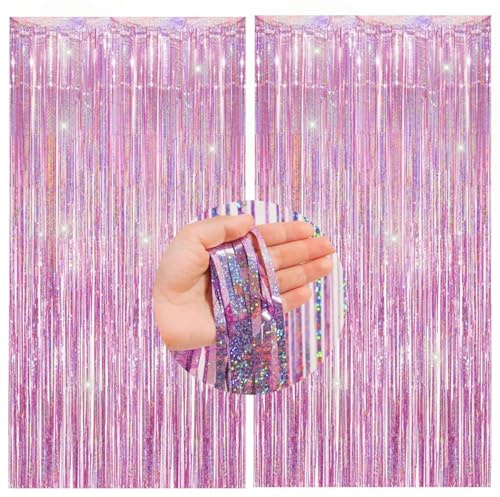2 Stück Rosa Glitzer Lametta Vorhänge(1m x 2.5m),Einschulung Mädchen Metallic Folienvorhänge Tinsel Curtain für Geburtstag Brautparty Babyparty Hochzeit Valentinstag Party Dekorationen