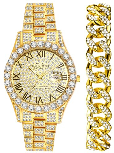 OIDEA Herren Armbanduhr Set Diamond: 2pcs Analog Quarz Herrenuhr mit Römischer Zifferblatt Kalender & Panzerkette Armkette mit Strass Punk Rock Hip Pop Geschenk für Männer Silber Gold